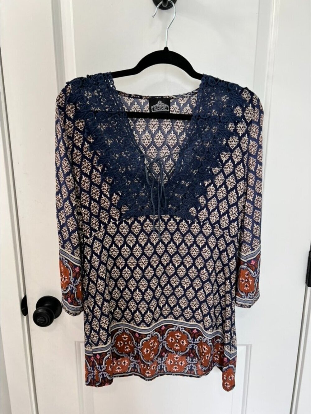 Angie Boho Crochet Lace Trim Blouse Small Blue Medallion Print Peasant Top